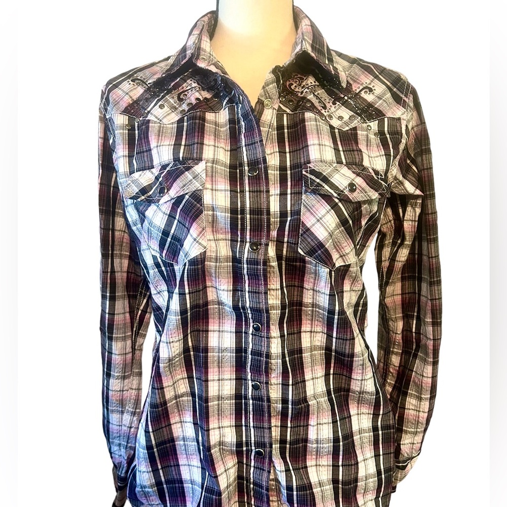 Cowgirl Hardware embellished plaid button up shirt